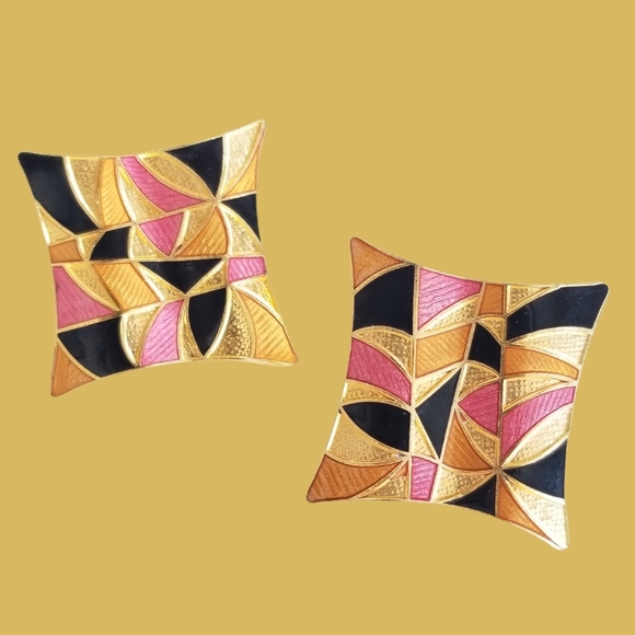 Vintage Gold Metallic Enamel Pierced Post Earrings - Picture 2 of 15